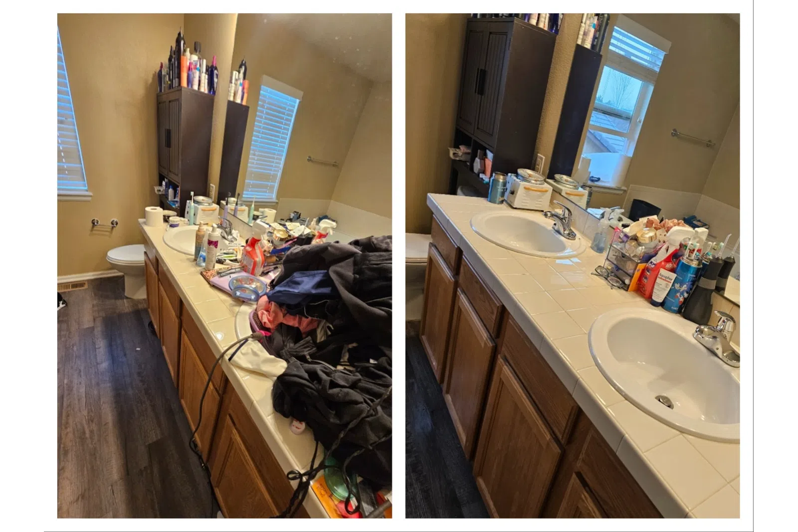 Side-by-side comparison of a cluttered and a clean bathroom countertop with double sinks and wooden cabinets.