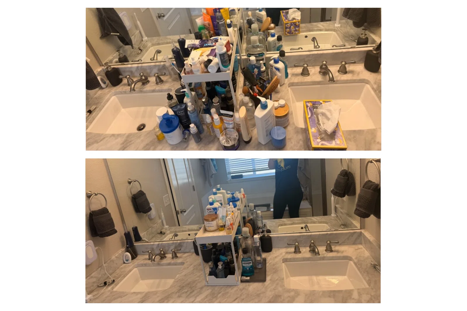 Before and after photos showing a cluttered and then organized bathroom countertop with skincare and hygiene products.