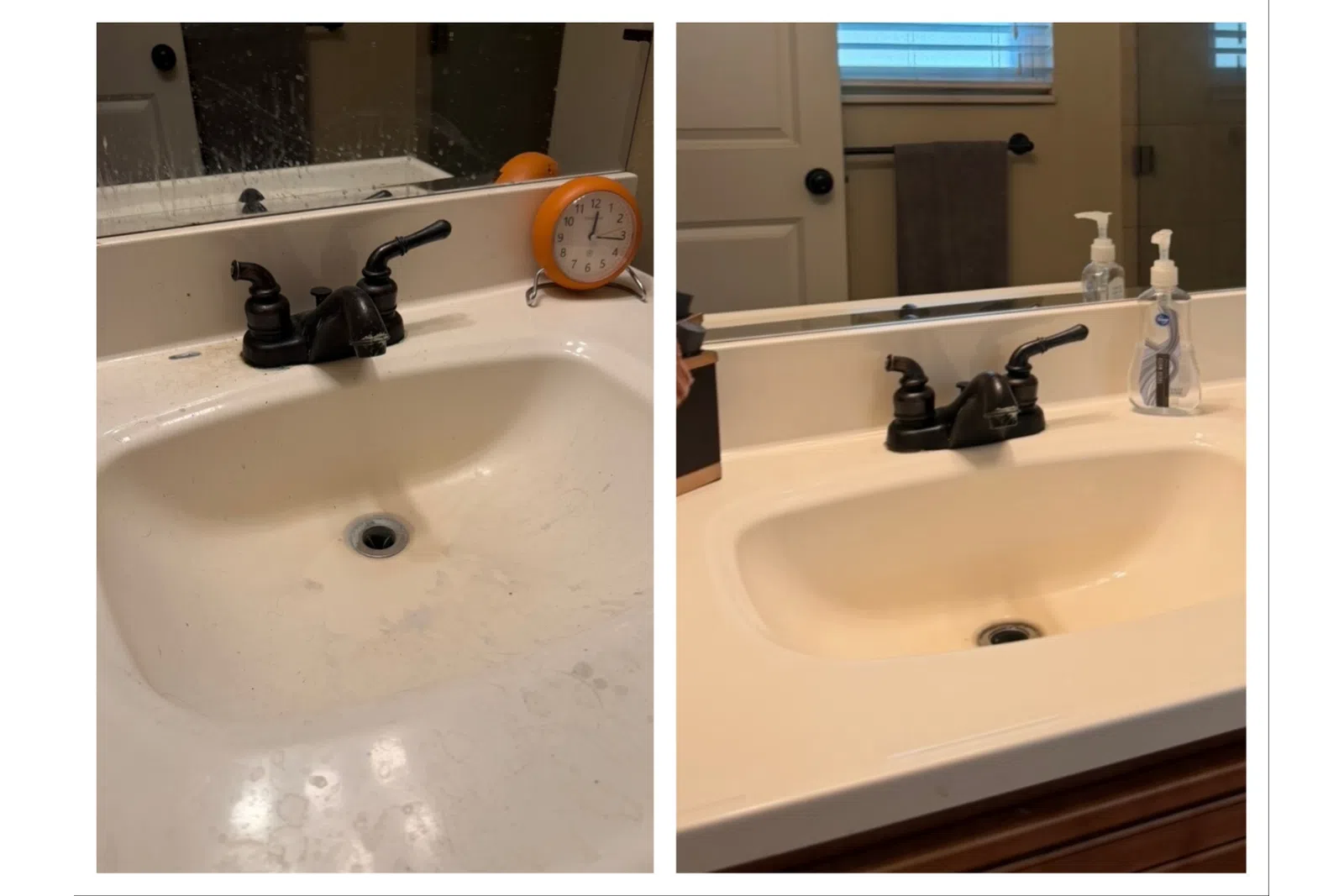 Side-by-side comparison of a dirty and clean bathroom sink with black faucet and a mirror above.
