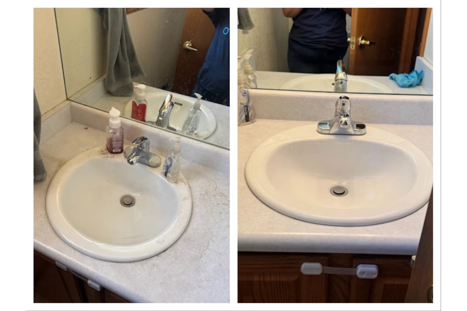 Side-by-side comparison of a bathroom sink before and after deep cleaning and restoration, showing significant improvement.