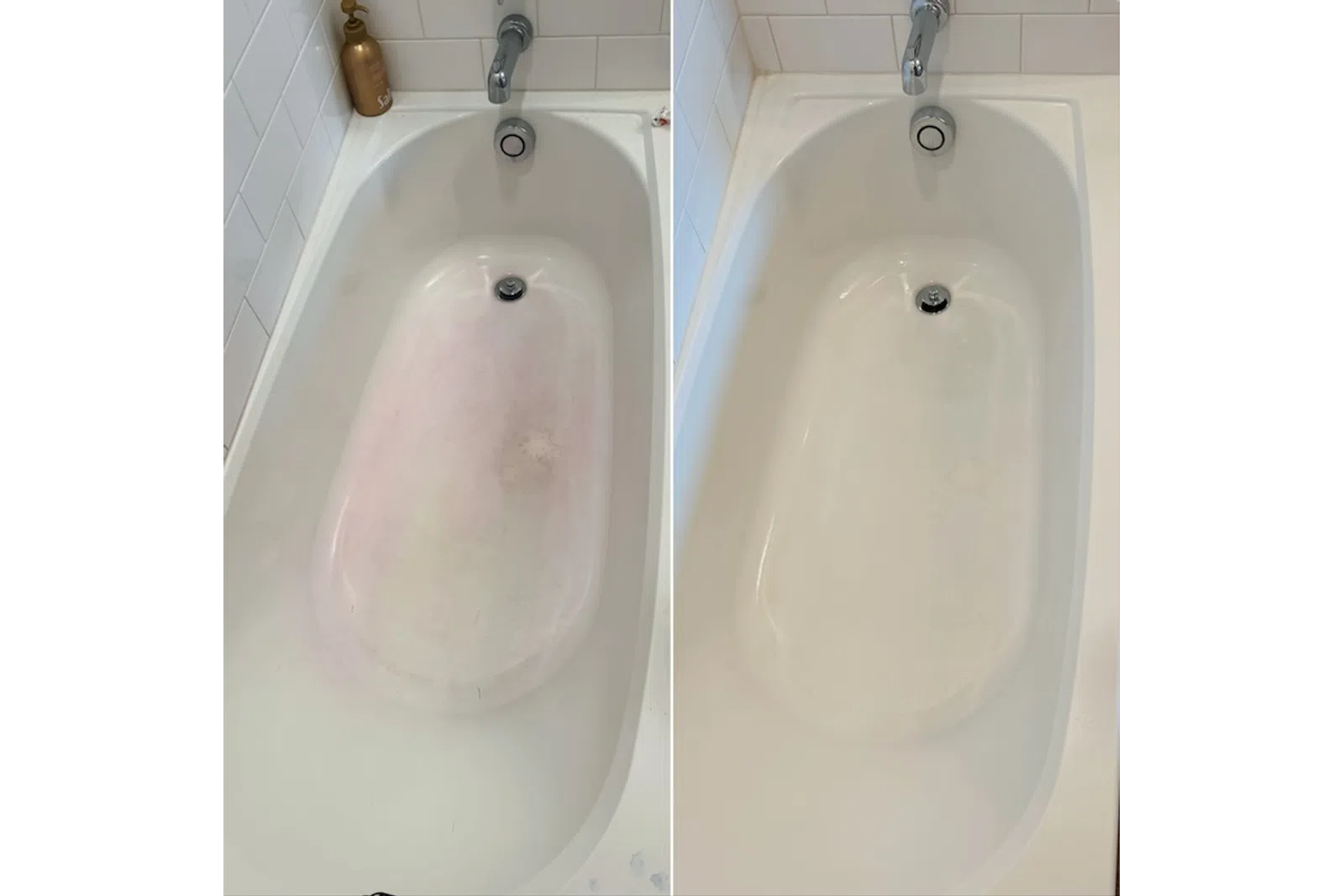 Side-by-side comparison of a bathtub before and after cleaning showing stain removal and whitening.