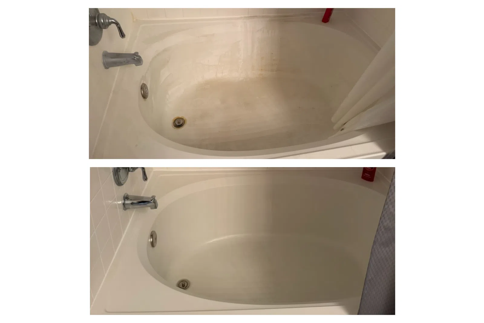 Before and after images of bathtub showing heavy stains removed and cleaned surface restored to white.