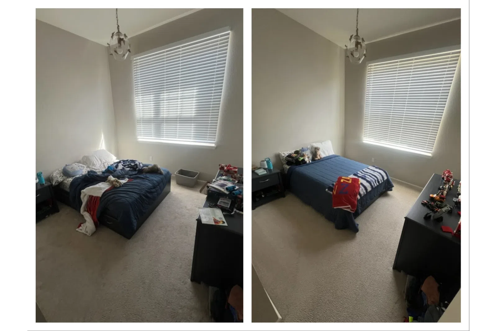 Before and after images of a boy's bedroom with a bed, window blinds, toys, and dark furniture showing neatness improvement.
