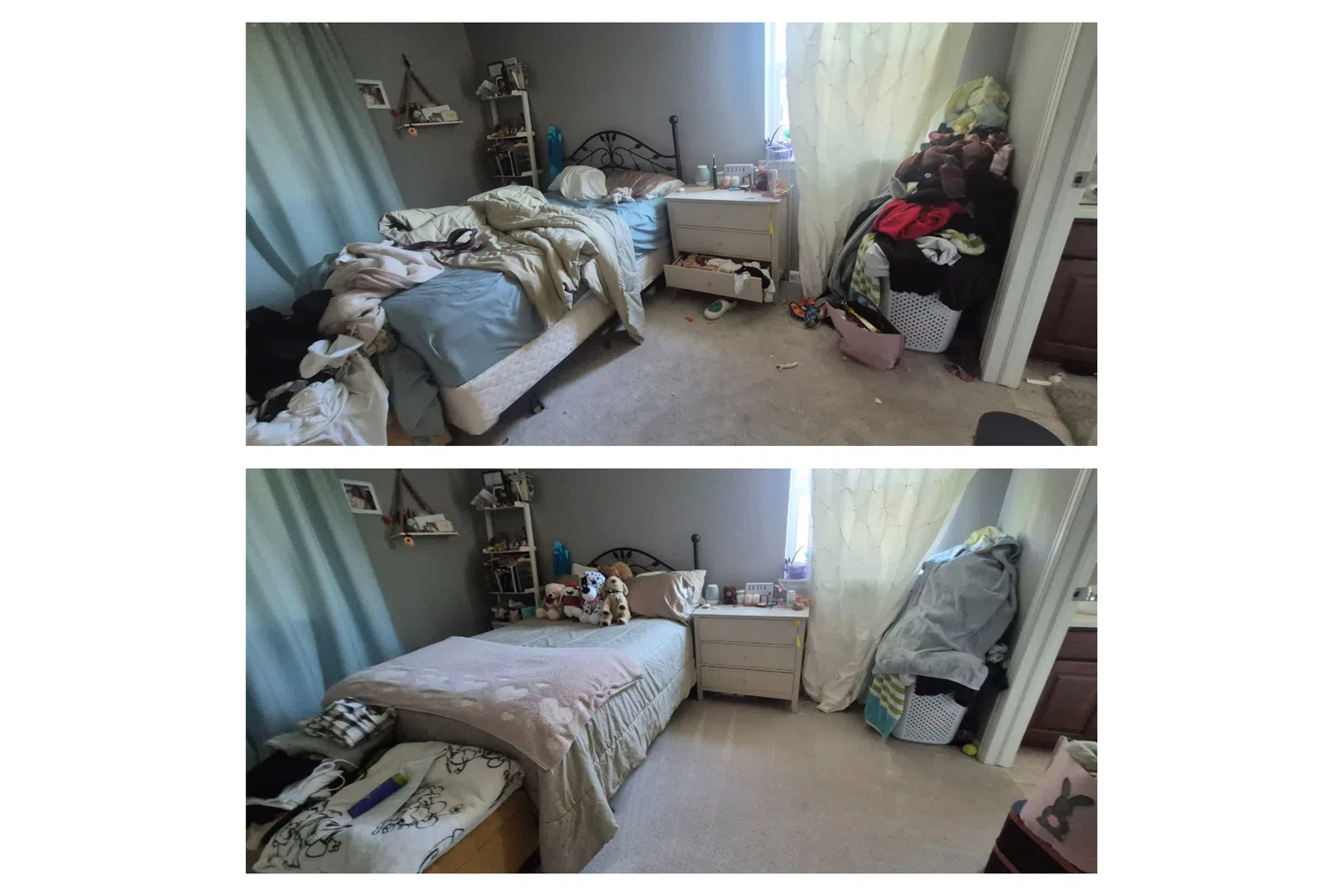 Before and after images of a bedroom showing a messy bed and cluttered floor versus a neatly made bed and tidy space.