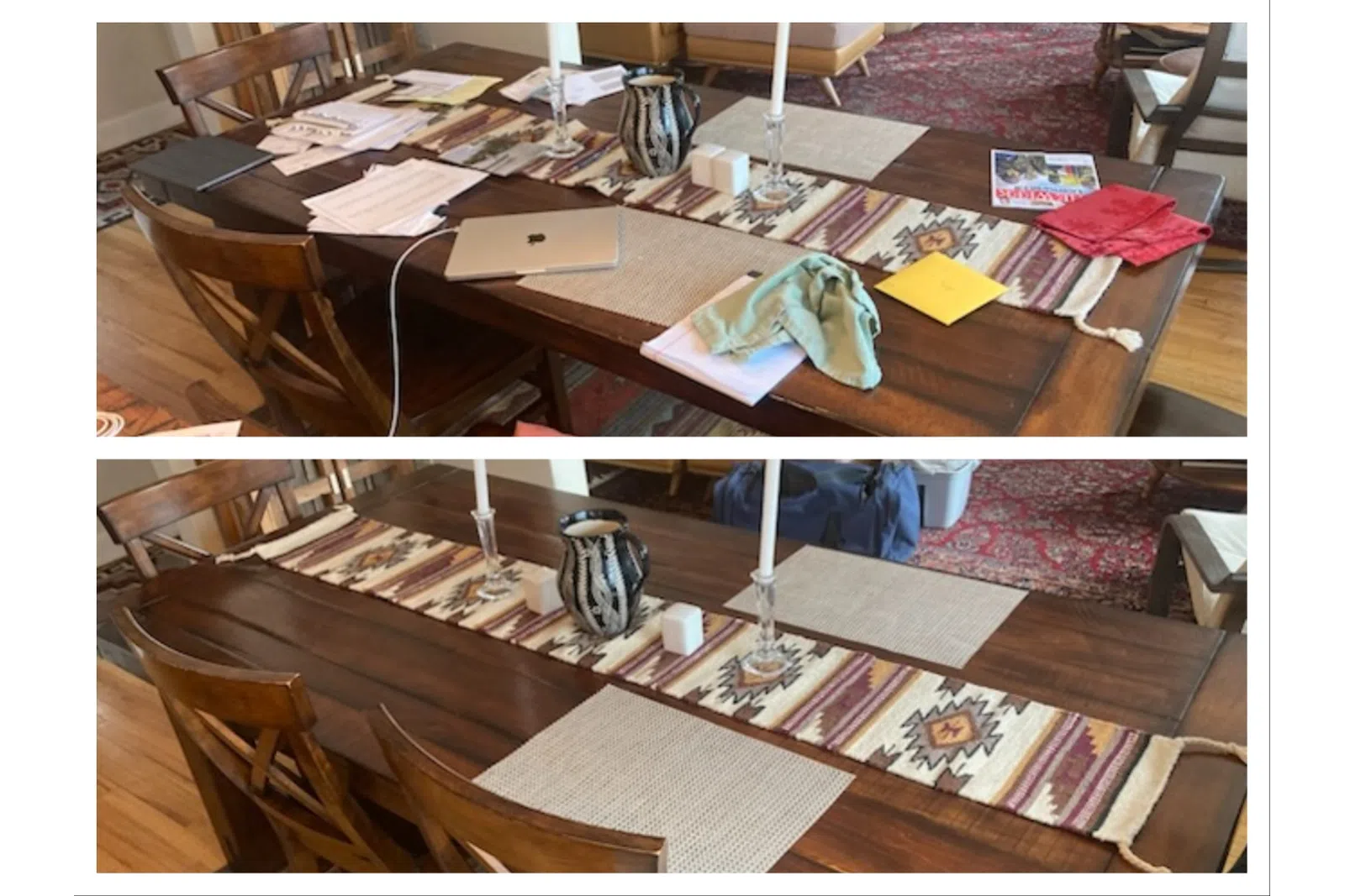 Before and after photos showing a wooden dining table cleaned of clutter and organized with decorative items.