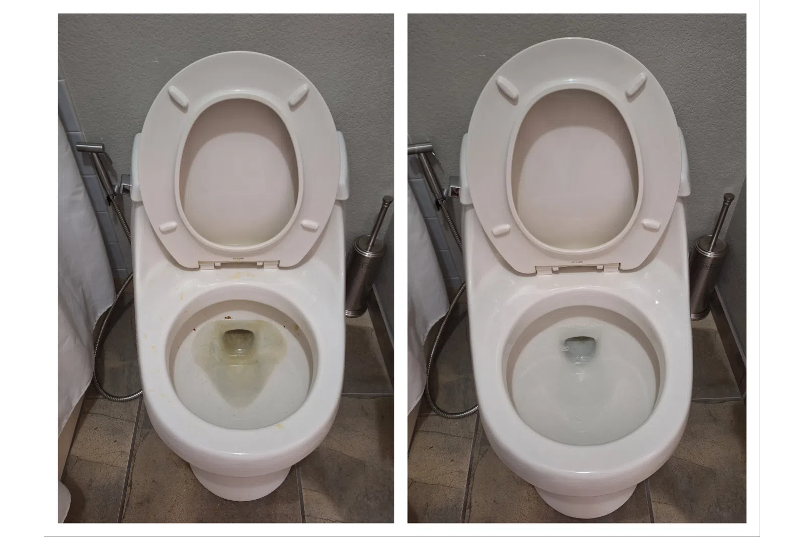 Side-by-side comparison of a toilet bowl before and after cleaning showing removal of stains and dirt.