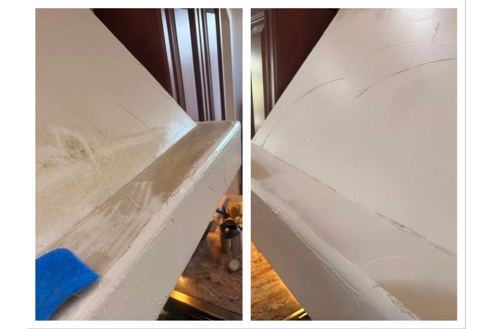 Side-by-side before and after cleaning of a dusty white kitchen cabinet edge near a countertop.