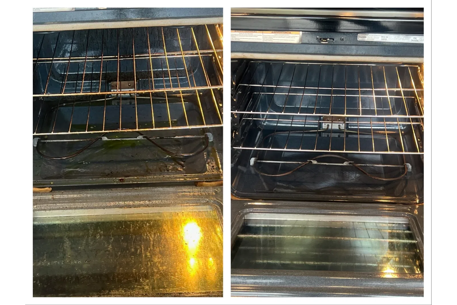 Side-by-side comparison of oven interiors before and after cleaning showing clear improvement in cleanliness.