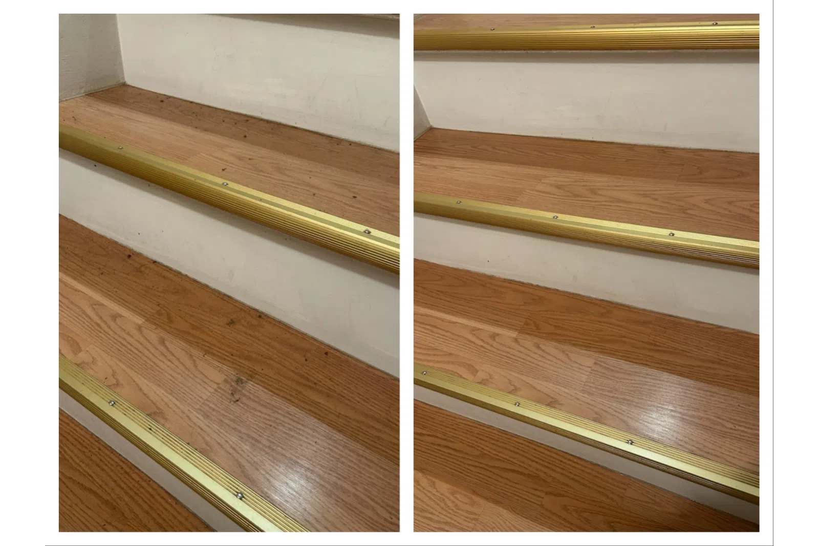 Side-by-side before and after images of wooden stairs cleaned and polished with brass stair nosing.