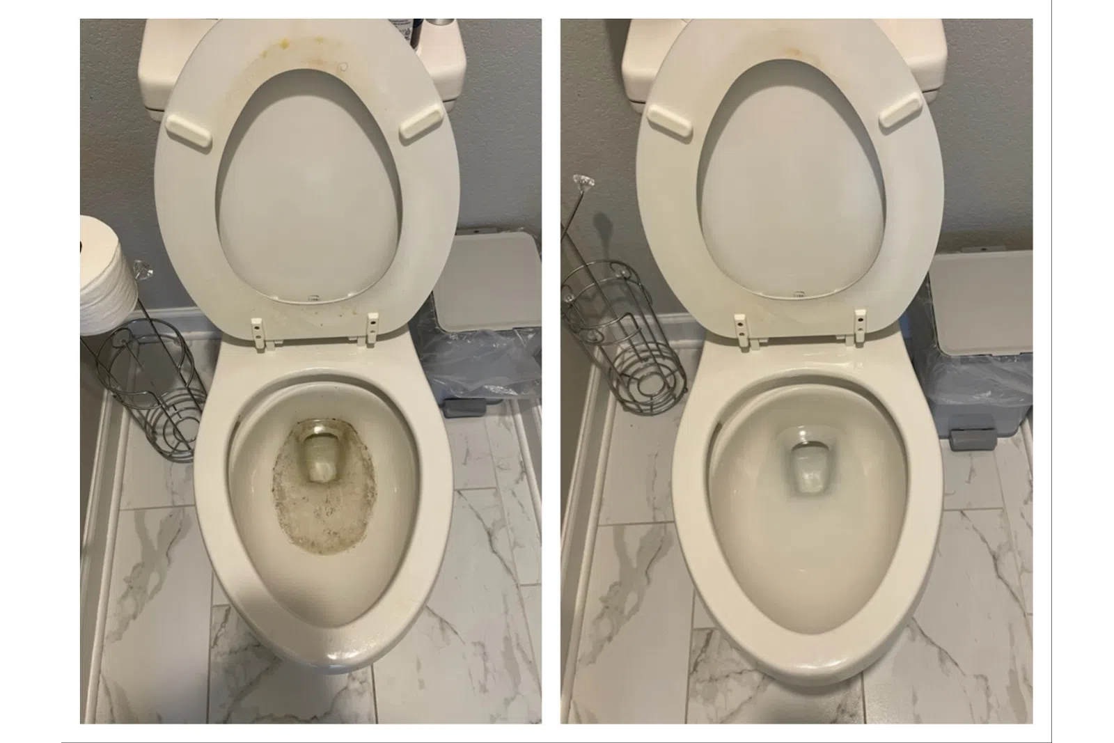 Side-by-side comparison of a dirty toilet bowl before and after thorough cleaning in a bathroom.