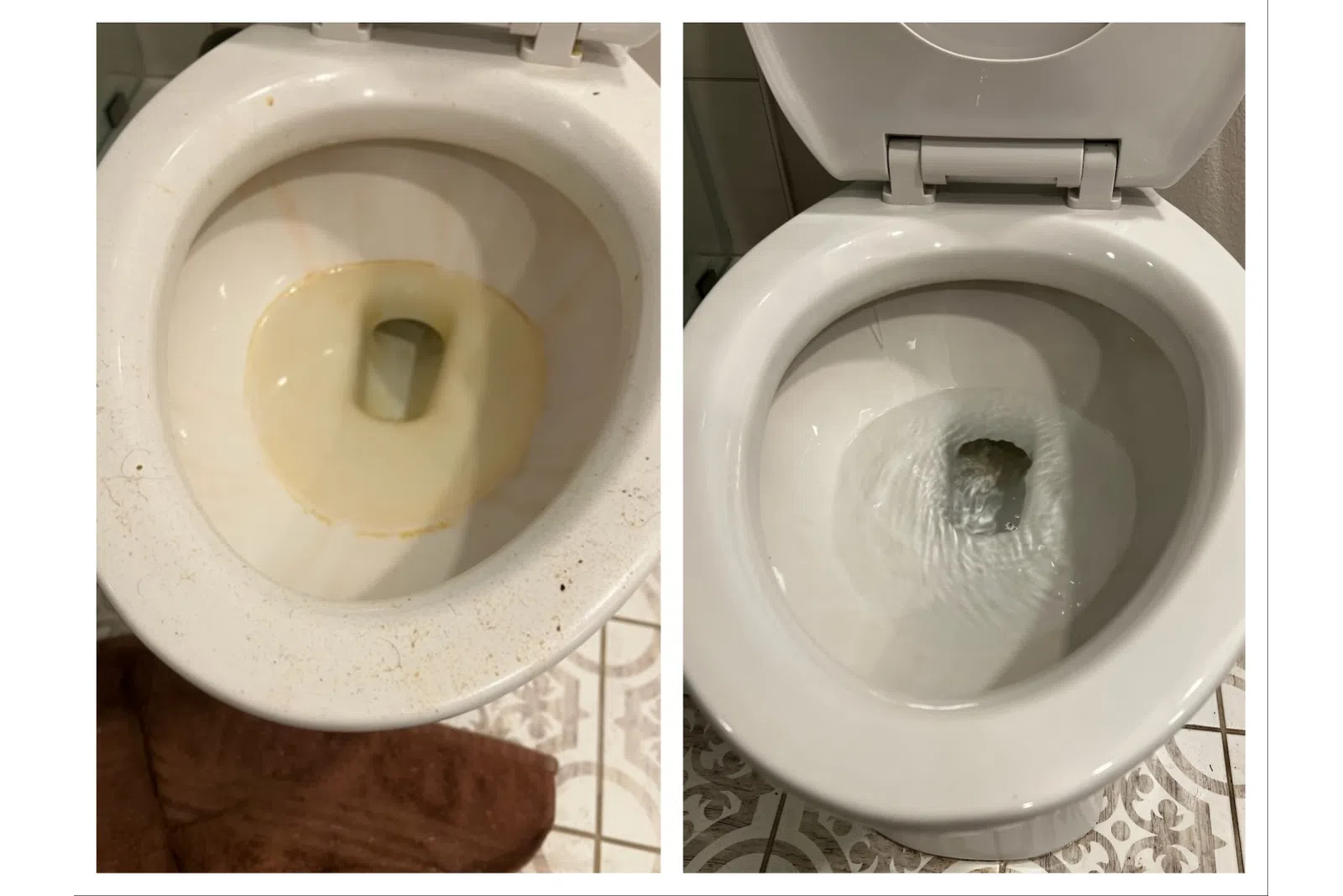 Side-by-side comparison of a stained toilet bowl before and a clean toilet bowl after cleaning.