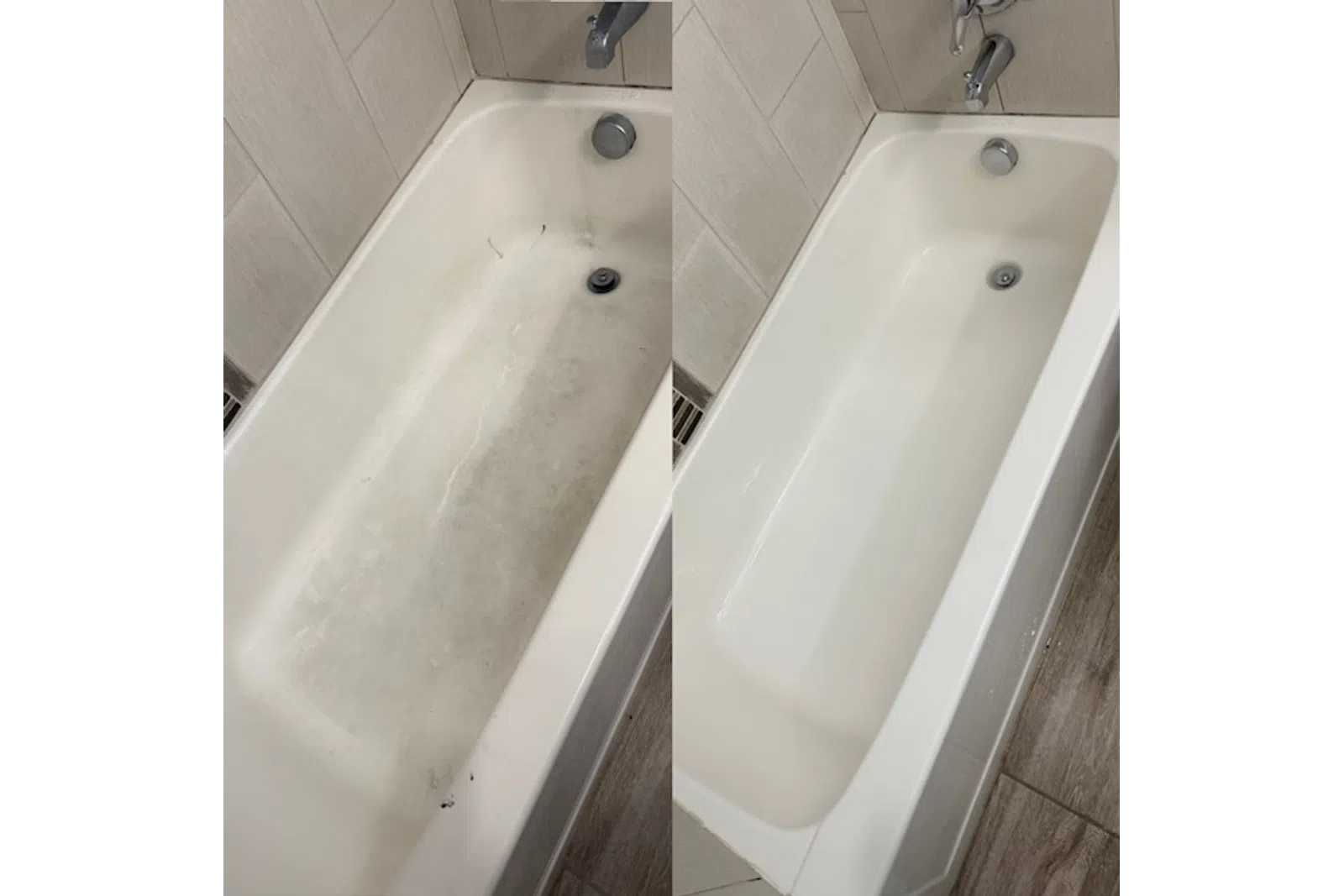 Side-by-side comparison of a bathtub before and after deep cleaning, showing dirty and spotless surfaces.