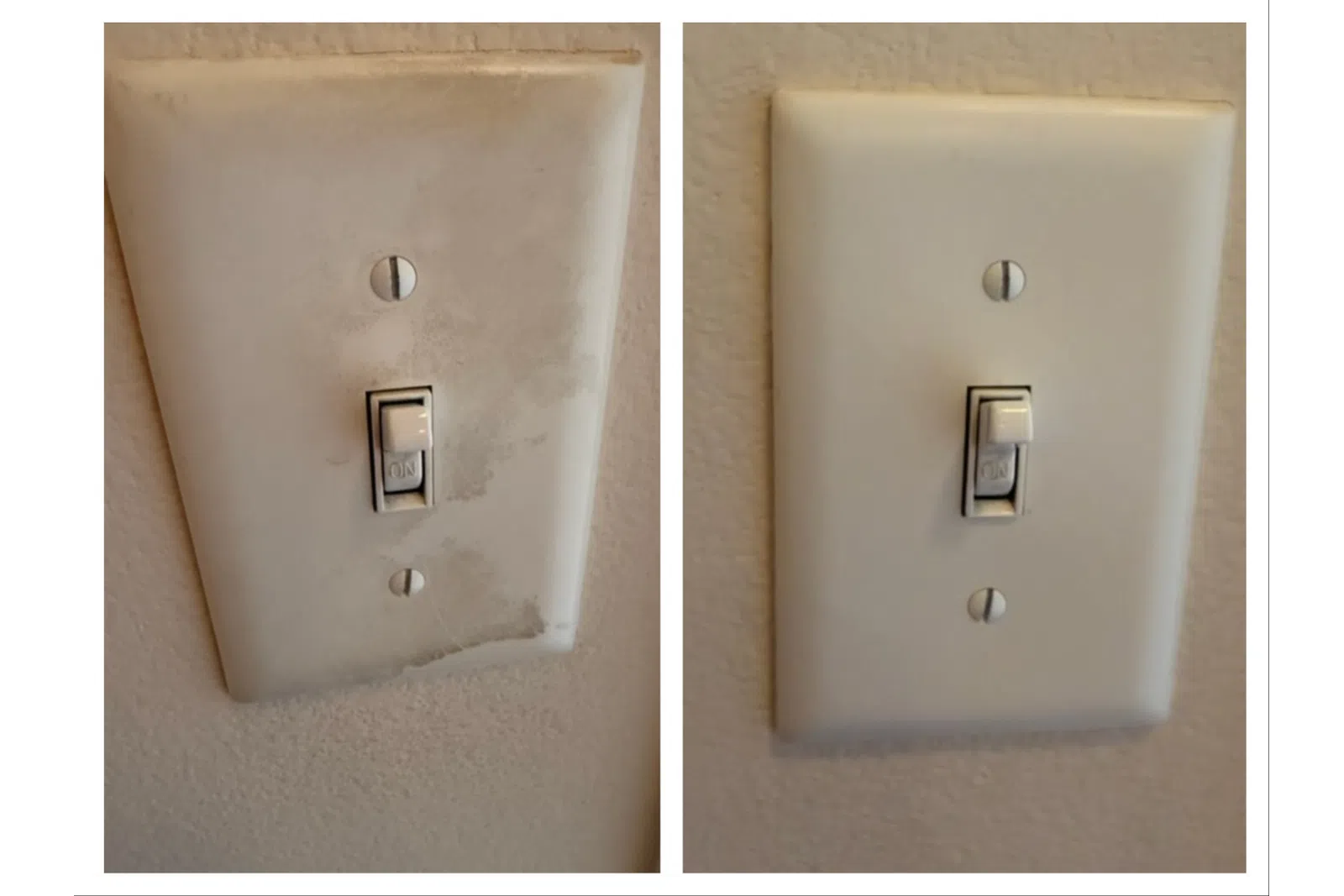 Side-by-side comparison of dirty and clean white light switch plates on beige walls.
