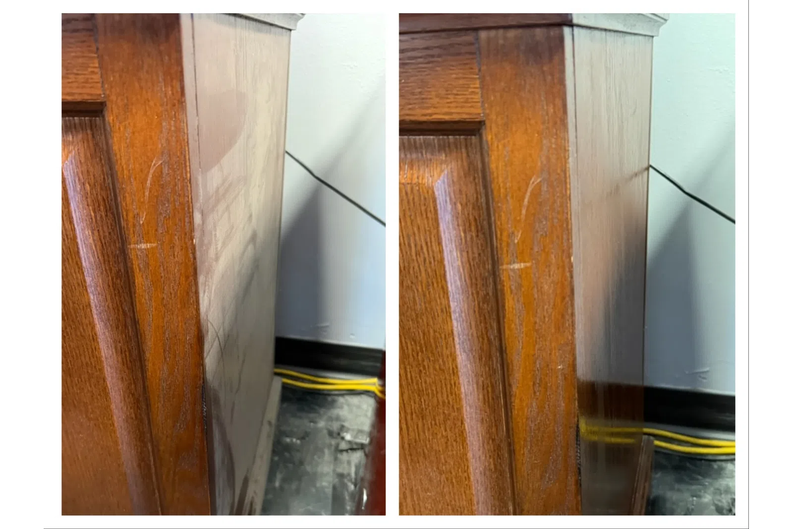 Before and after images showing wood furniture with removed scratches and improved finish on side panel.