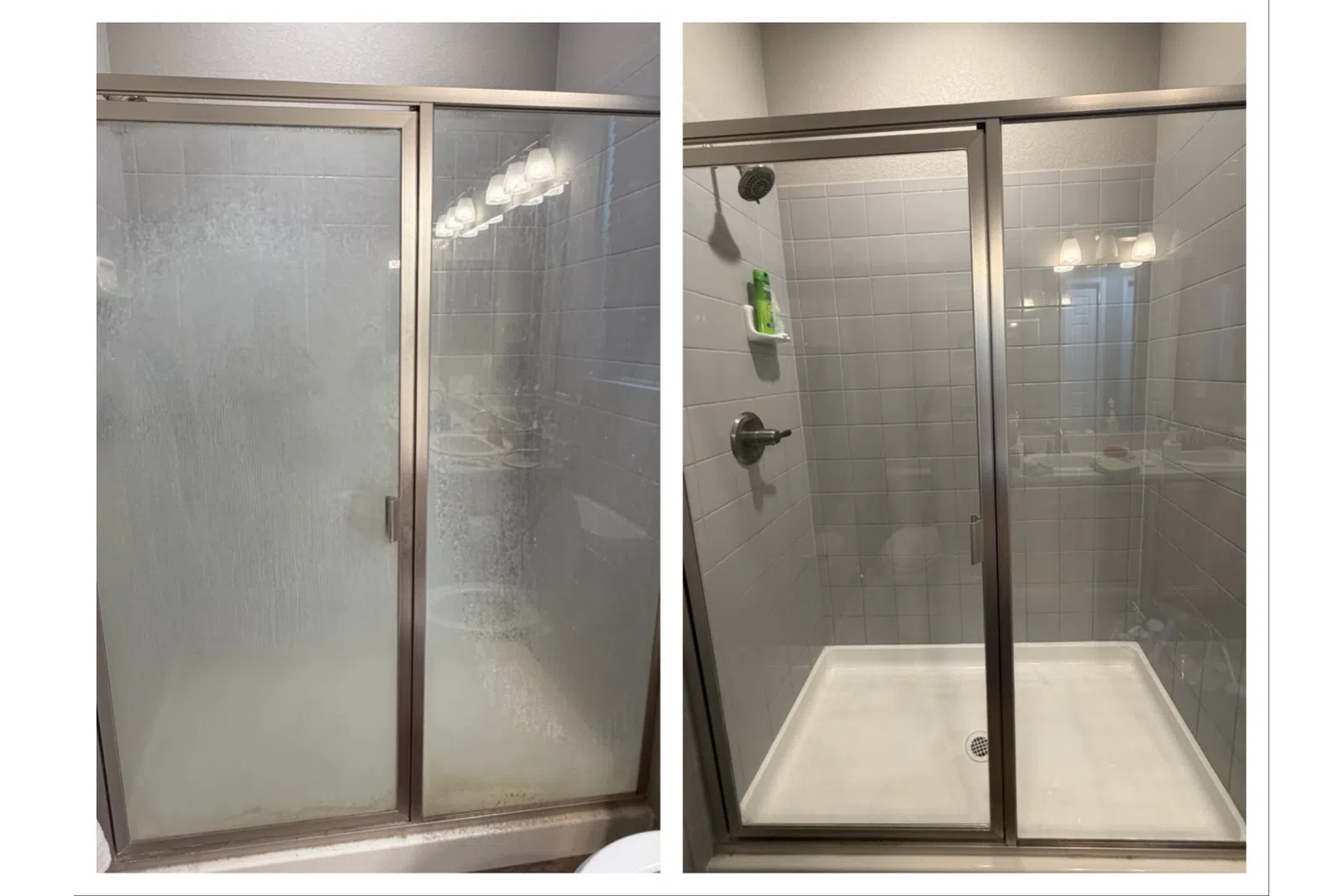 Before and after images of a glass shower door cleaning in a bathroom with white tiles and metal frame.