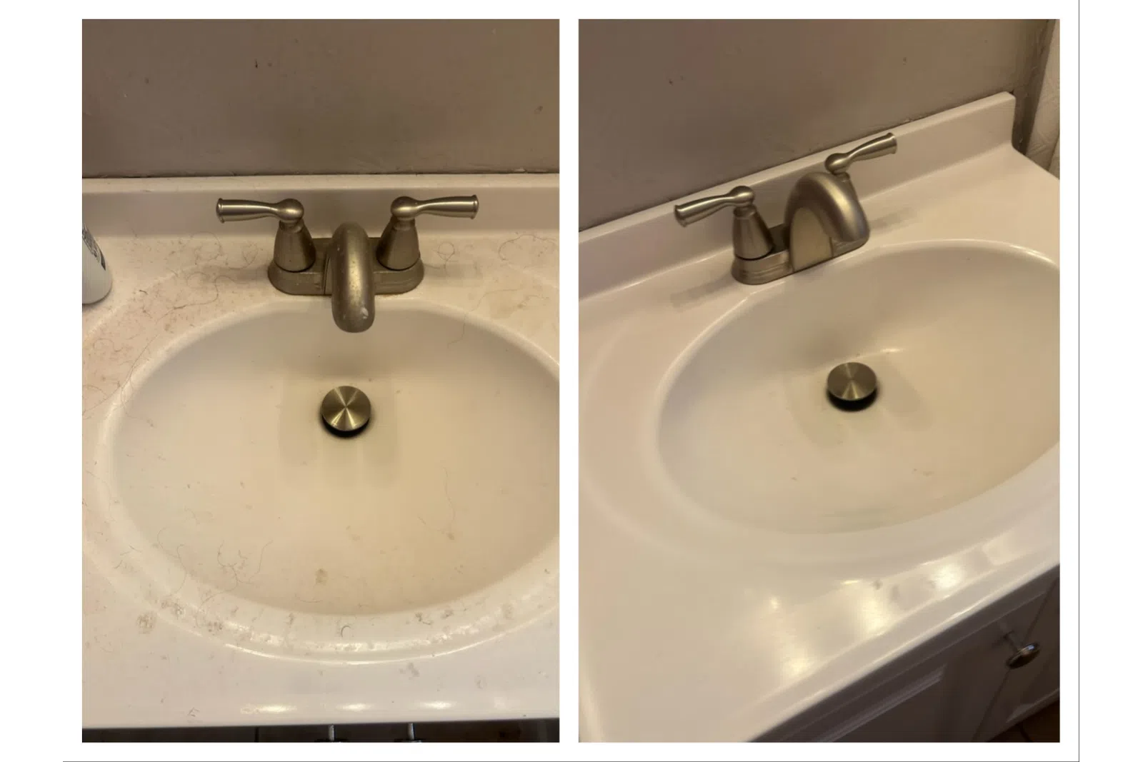 Side-by-side bathroom sinks with silver faucets showing before and after cleaning with white countertops.