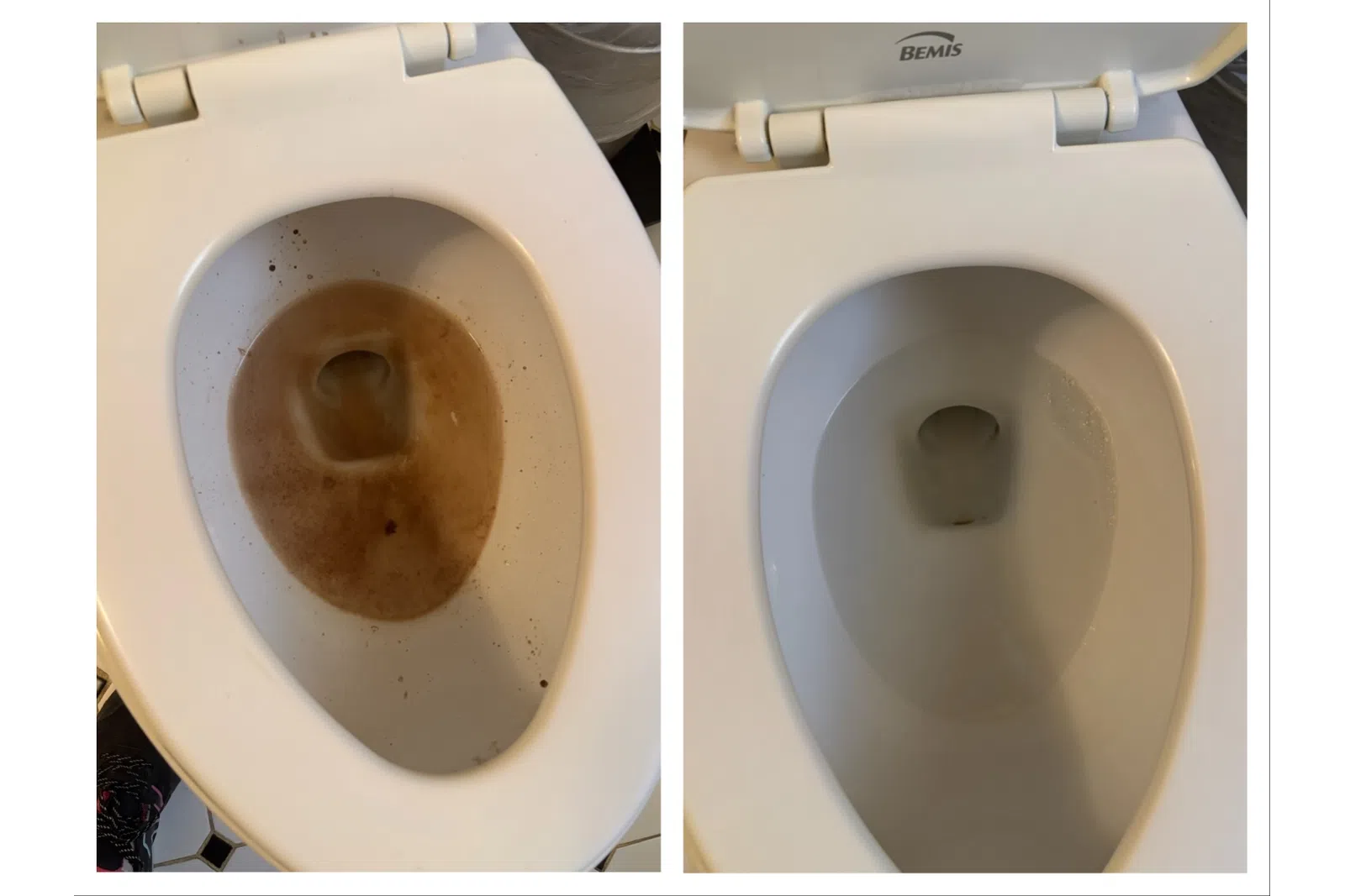 Side-by-side comparison of a toilet bowl before and after deep cleaning, showing removal of brown stains.