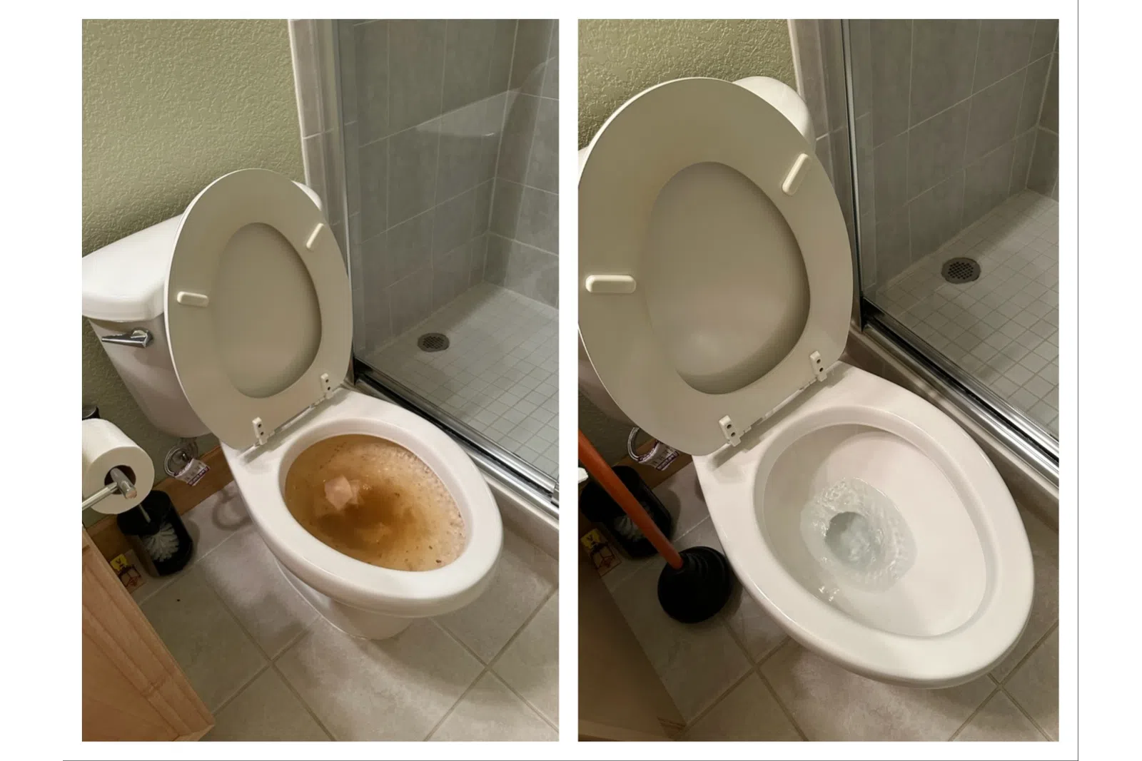 Side-by-side comparison of a toilet before and after cleaning showing a dirty bowl and a spotless white bowl.