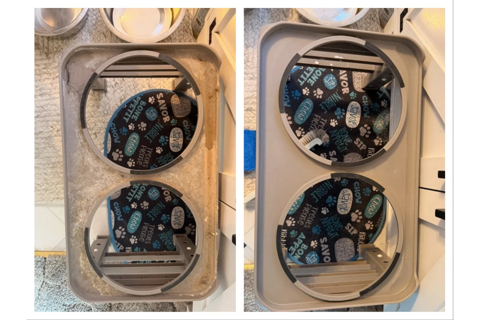 Side-by-side comparison of a dirty and clean plastic dog feeding station with two bowl slots on a carpeted floor.