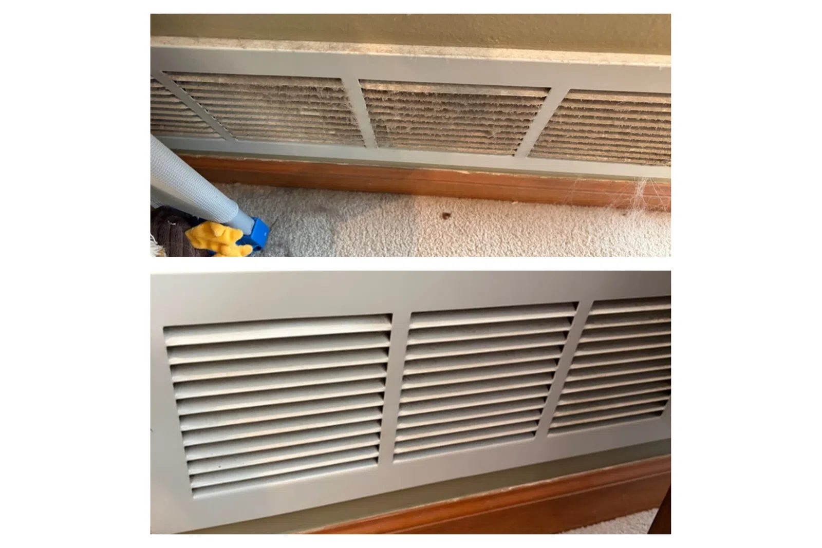 Before and after shots of a dirty and clean air vent grille above a baseboard on carpeted floor.