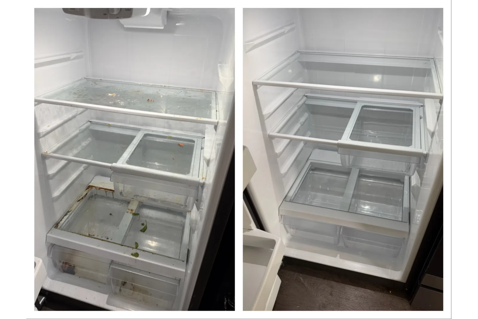 Side-by-side view of a refrigerator before and after cleaning showing clear shelves and drawers.