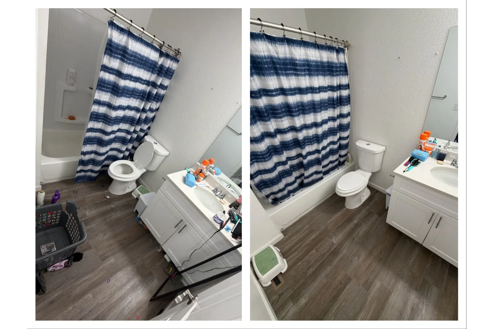 Two angled views of a clean bathroom with wood-style flooring, white toilet, vanity, and blue-striped shower curtain.