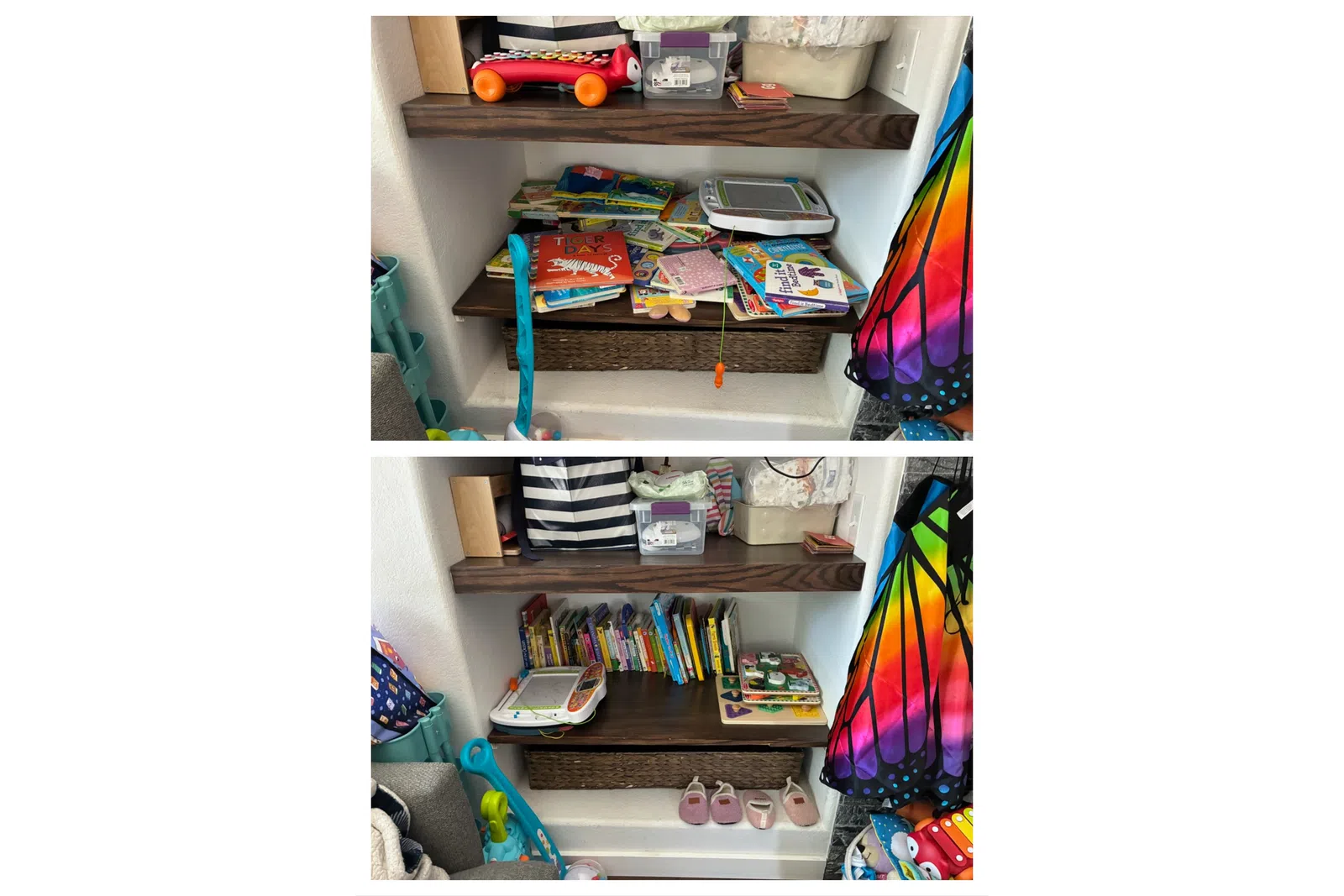 Two images of a children's bookshelf before and after organizing with books, toys, and colorful butterfly coat visible.