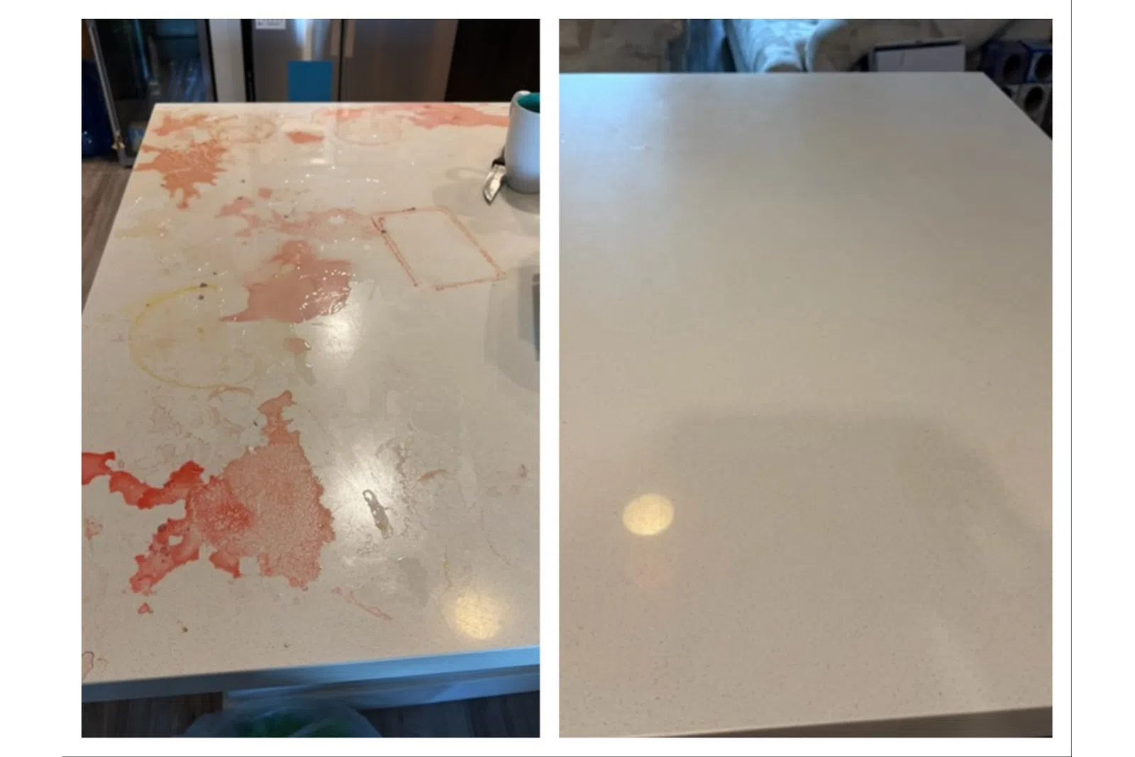 Side-by-side comparison of a stained and clean white countertop before and after deep cleaning.