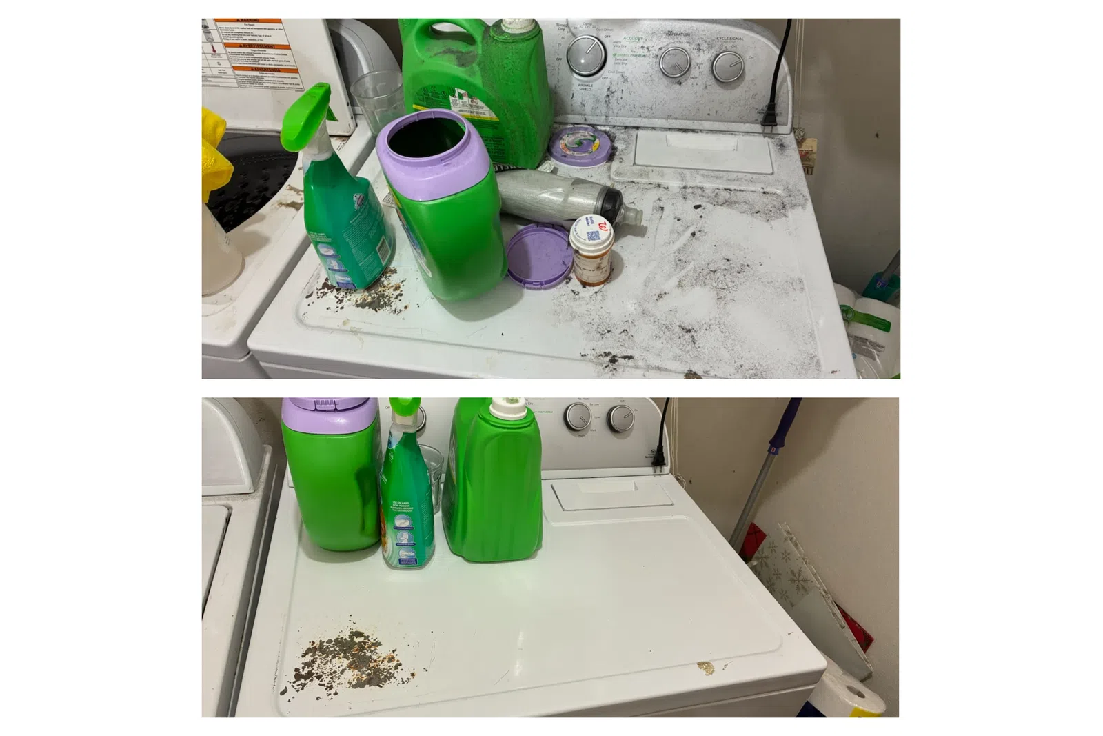 Before and after cleaning image showing a dirty and then clean white washing machine top with green detergent bottles.