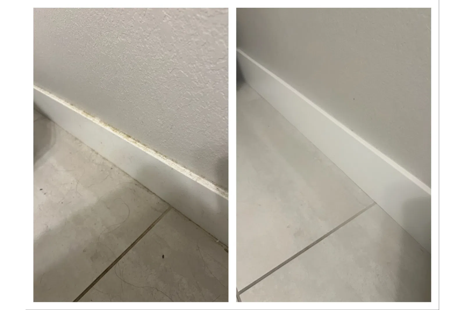 Side-by-side comparison of a dirty baseboard and a clean baseboard on tiled flooring near a wall.