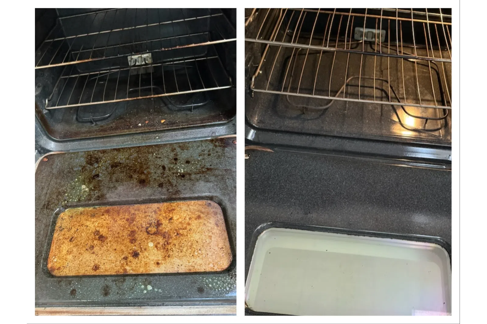 Side-by-side comparison of a dirty oven interior and the same oven clean after thorough cleaning.