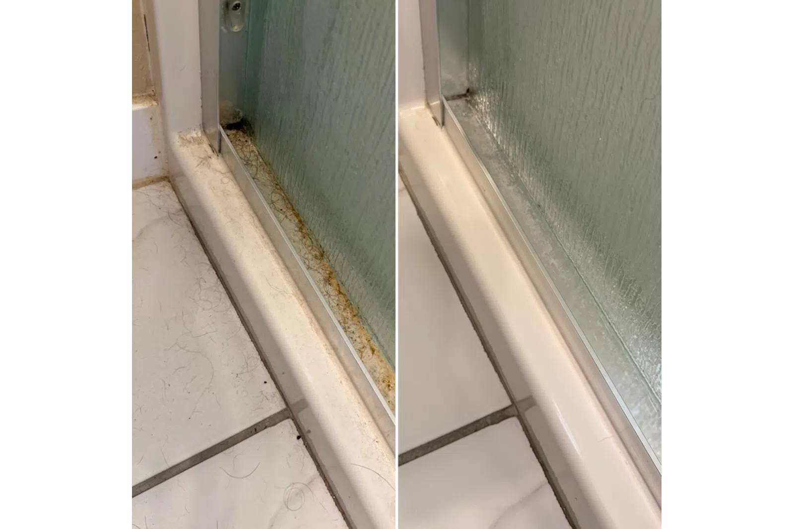 Side-by-side comparison of a shower door track before and after cleaning, showing removal of hair and grime.