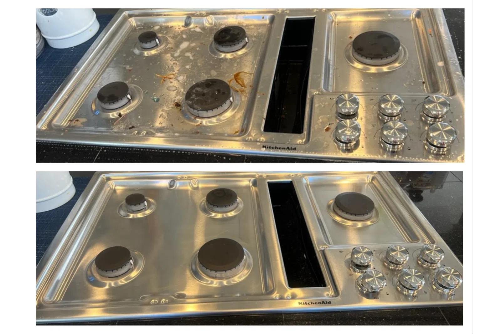 Before and after images of a stainless steel KitchenAid gas cooktop showing dirty and cleaned states.