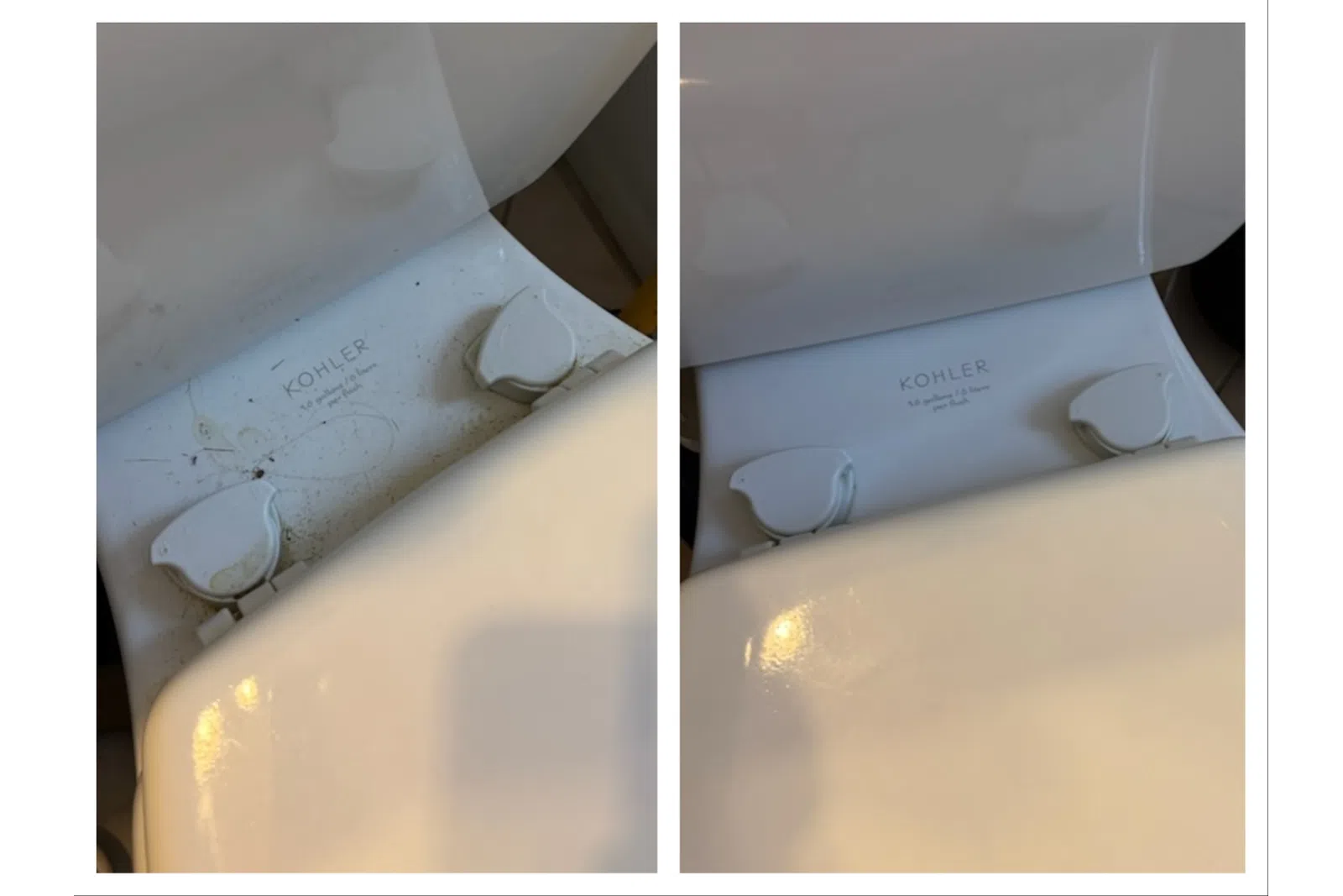 Side-by-side images of a Kohler toilet hinge area before and after cleaning, showing dirt removal and shine.