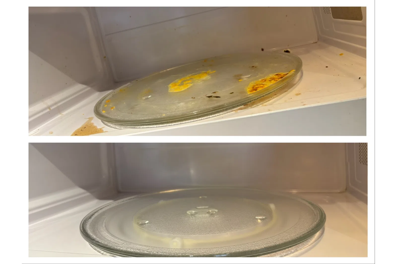 Before and after cleaning of a microwave glass turntable with food stains and grease removed.