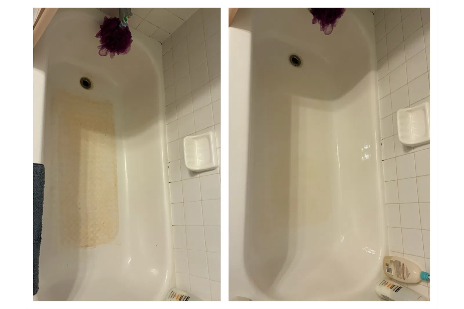 Side-by-side comparison of a bathtub before and after cleaning showing removal of stains and grime.