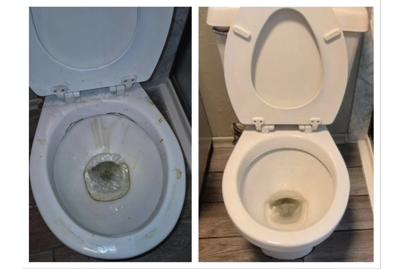 Side-by-side comparison of a dirty toilet bowl before and a clean toilet bowl after cleaning on wooden floor.