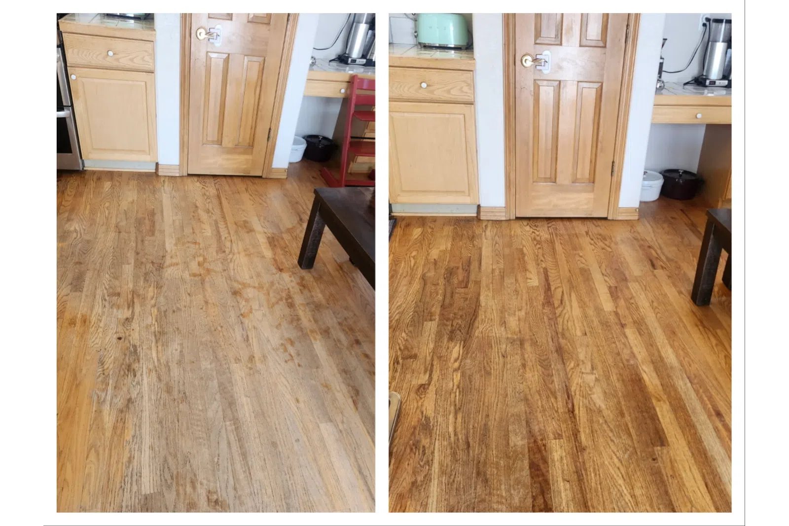 Side-by-side before and after photos of wooden floor restoration showing clean, polished finish on right side.