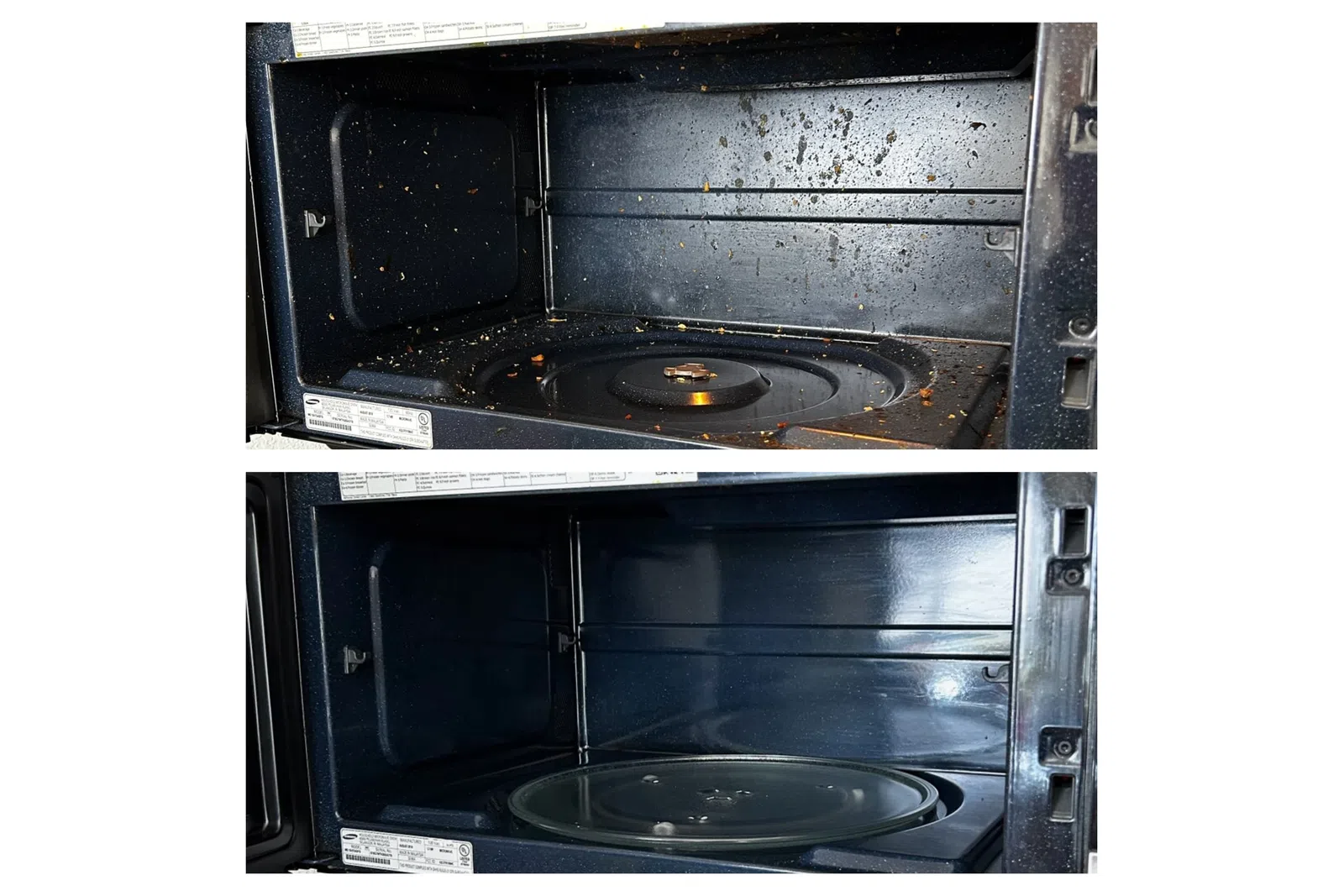 Side-by-side comparison of a microwave interior before and after thorough cleaning, showing dirty versus spotless surfaces.