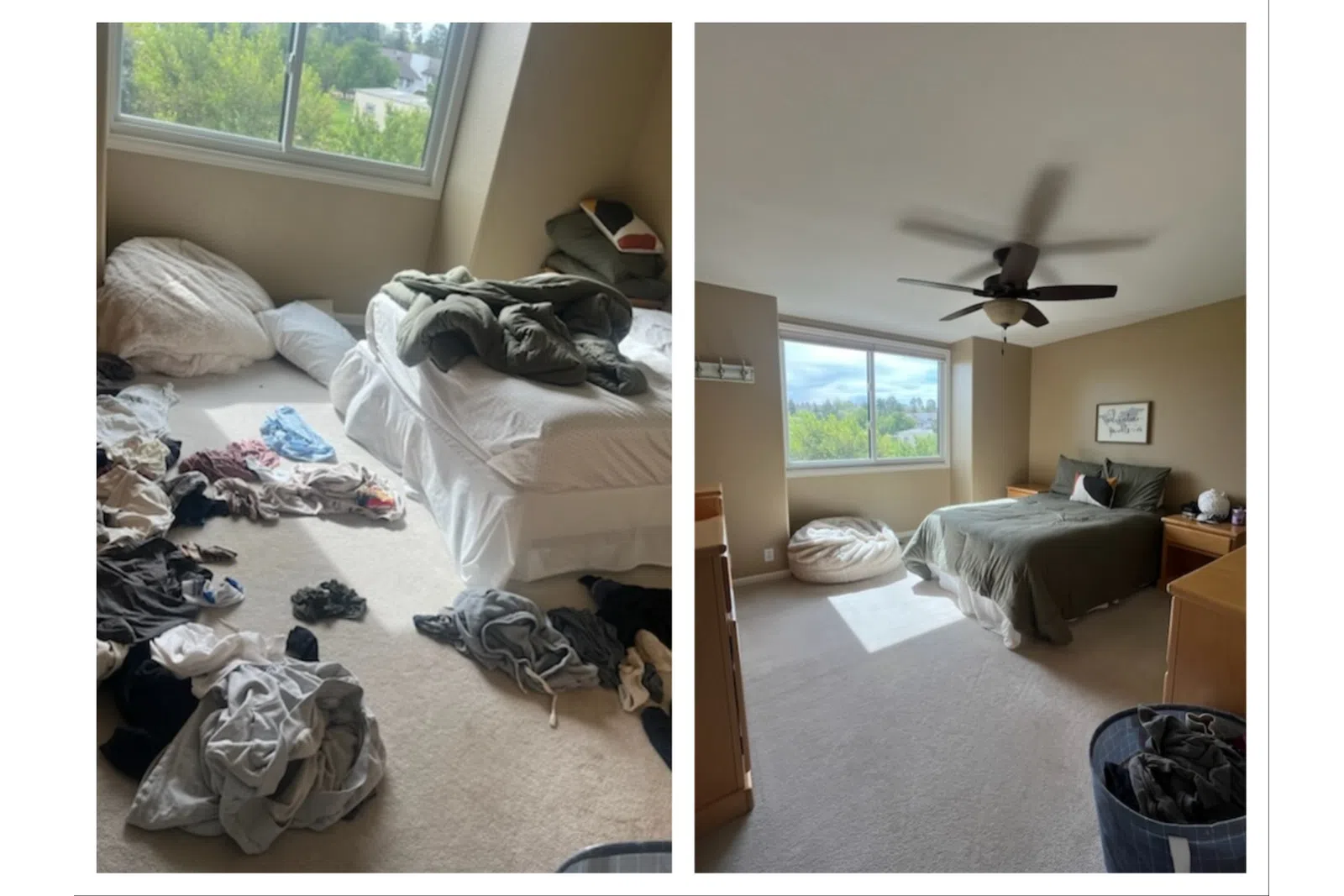 Side-by-side comparison of a messy bedroom with clothes on floor and the same room neatly organized and clean