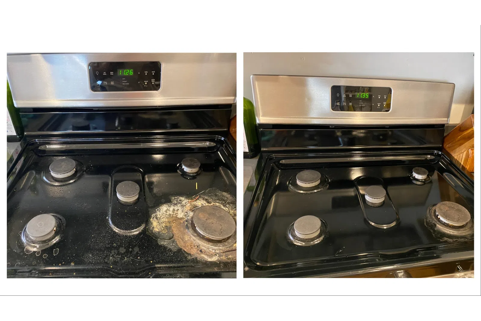 a dirty stovetop before and after MaidPro Denver house cleaners
