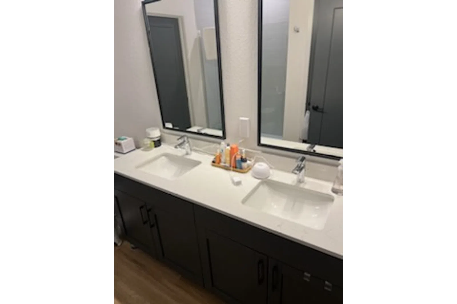 a bathroom with a large mirror