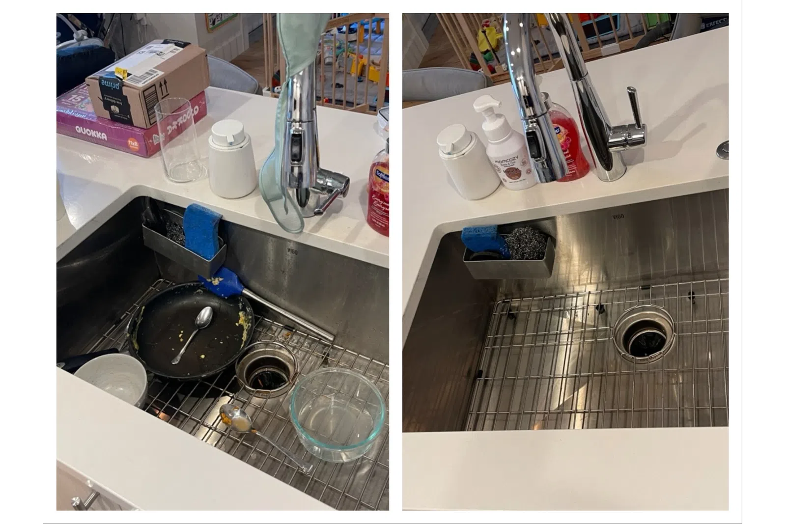 Side-by-side kitchen sink before and after cleaning showing dirty dishes and empty clean basin under chrome faucet.