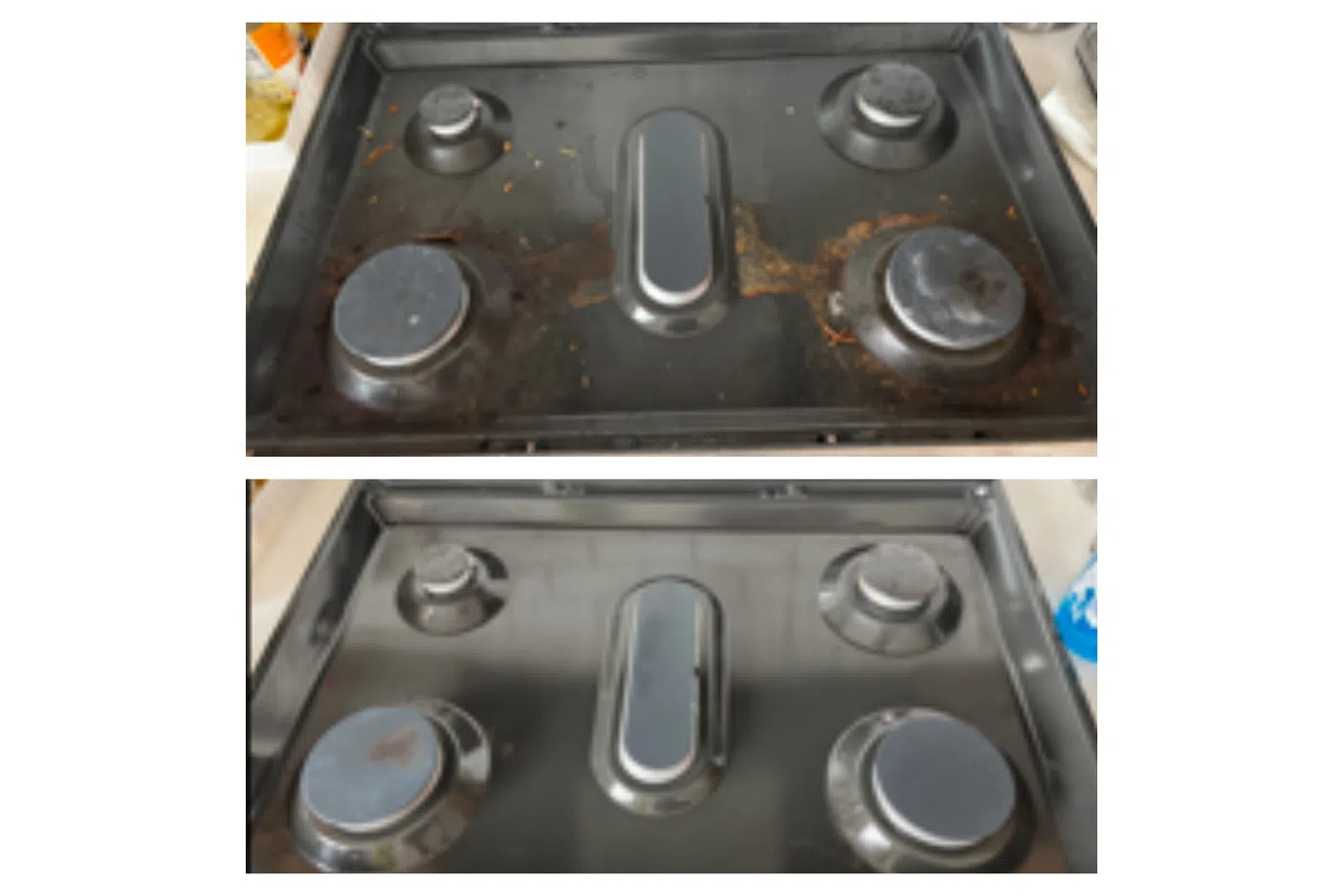 Before and after images of a gas stove showing grime removal and a clean metal surface by MaidPro Denver 
