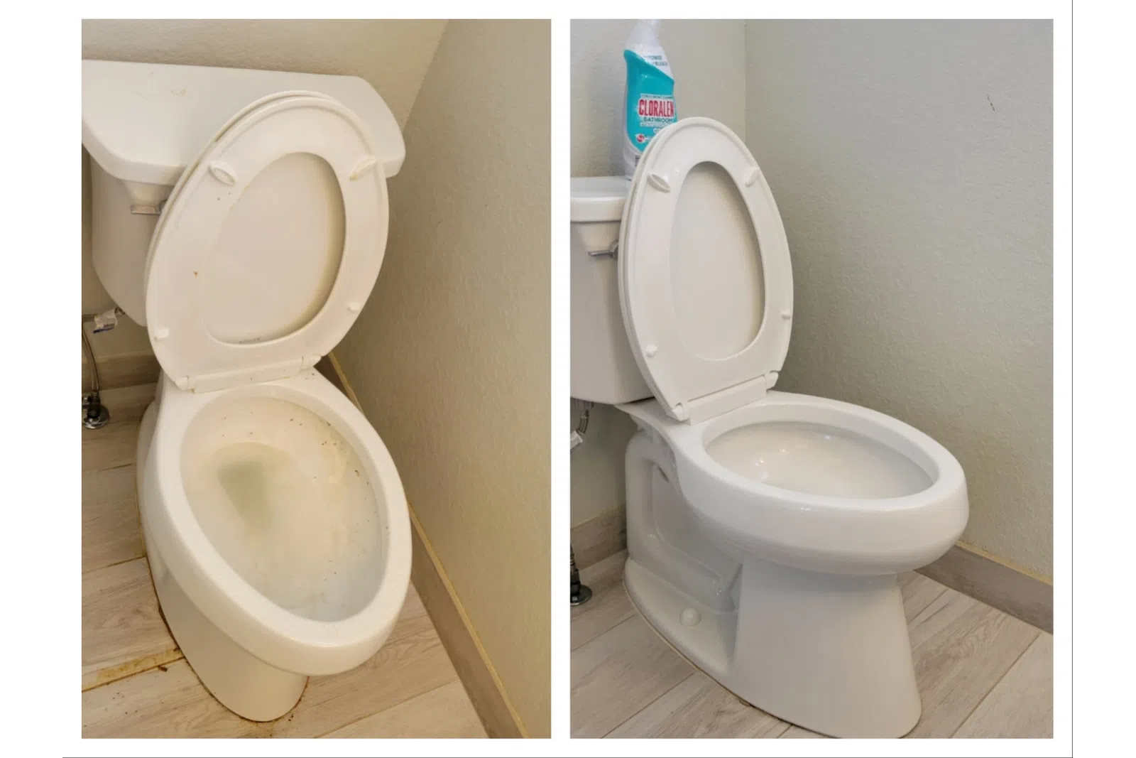 side-by-side of a before and after clean of a bathroom and toilet from the professional cleaners at MaidPro Arvada
