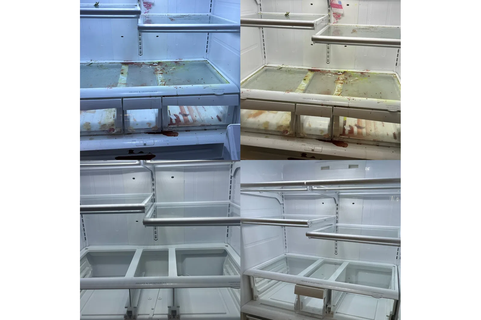 a group of metal shelves with food