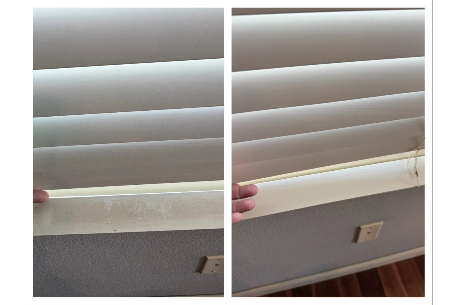 Side-by-side comparison of window blinds showing dirty versus clean bottom slats being lifted by hand.