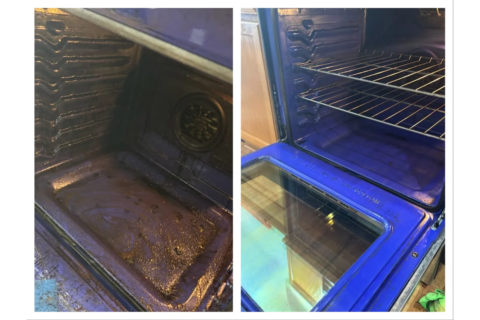 Side-by-side comparison of a dirty oven interior and a clean oven interior cleaned by MaidPro Arvada
