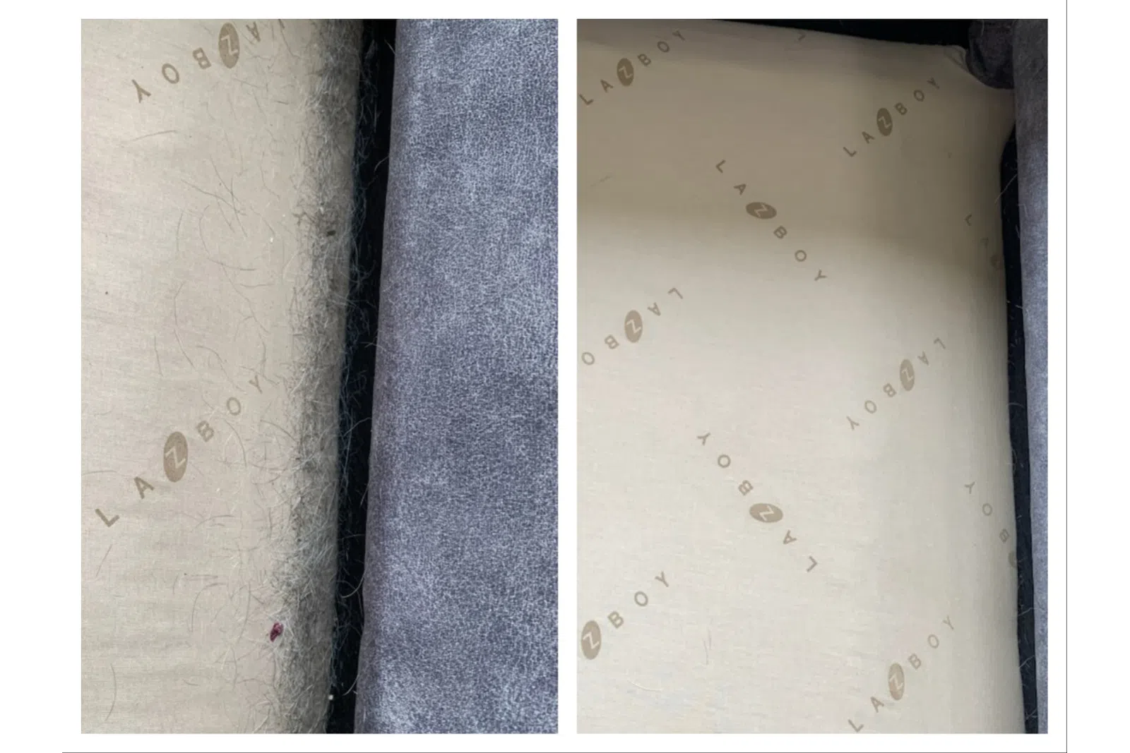 Side-by-side comparison of a dirty mattress with pet hair and stains versus a clean mattress with La-Z-Boy branding.