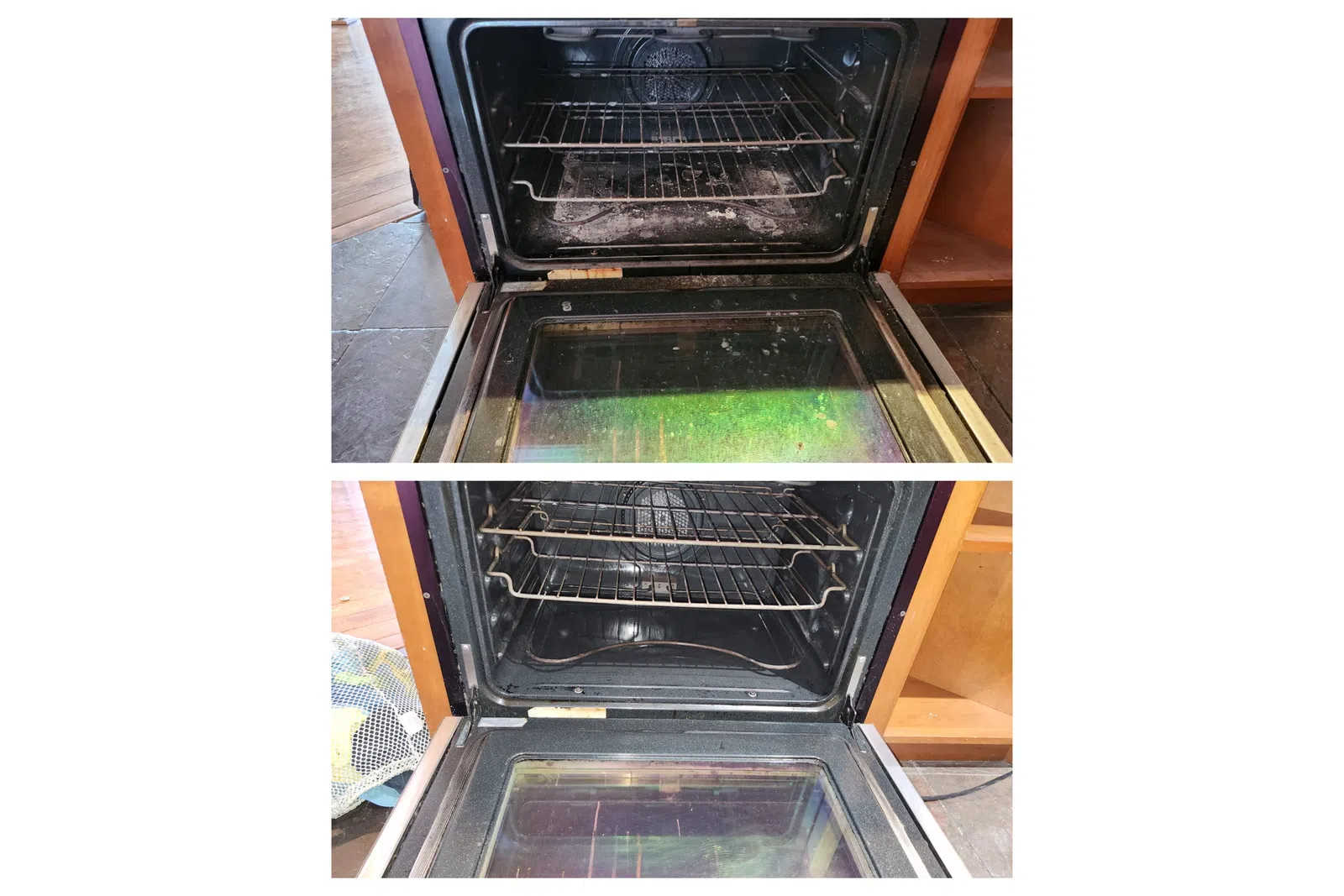 Open kitchen oven before and after cleaning, showing dirty grime and sparkling clean interior and glass door.